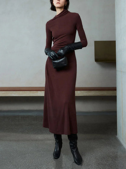 Bodycon Asymmetrical Neck Long Modern Sleeve Ruched Maxi Dress
