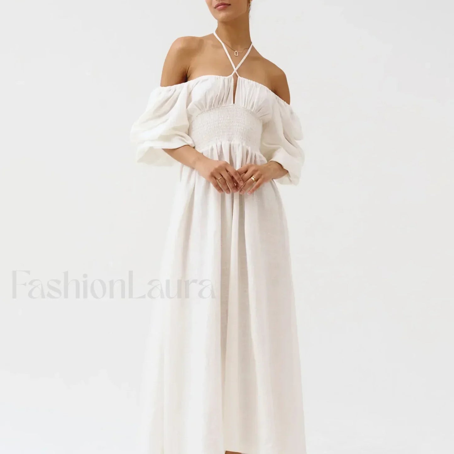 Bow-Front Smocked Midi Dress