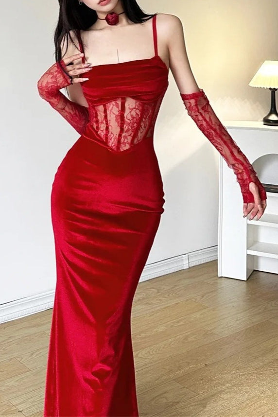 Winter Lace Fishbone Sling Sleeve Formal Maxi Dress