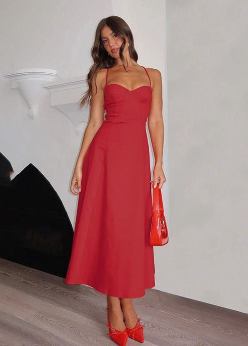Crimson Lace-Up – Strappy Back Midi Dress with Sweetheart Neckline