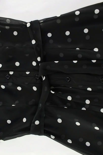 V Neck Waist Long Sleeve High Slit Polka Dot Midi Dress