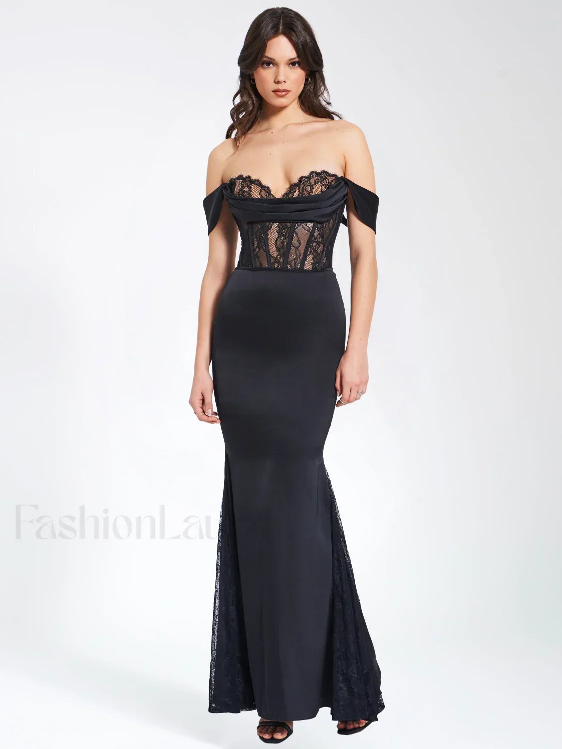Callista Black Satin Charming Lace Corset Maxi Dress