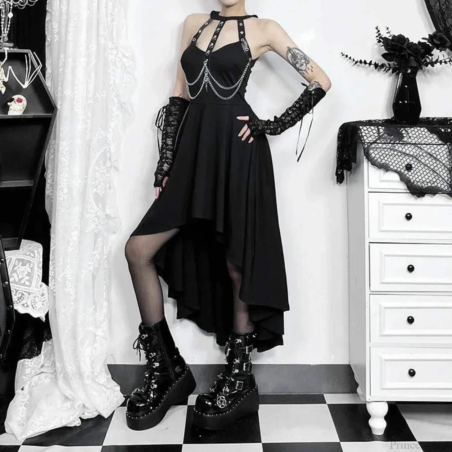 Chains Ornament Halter Swing Midi Dress