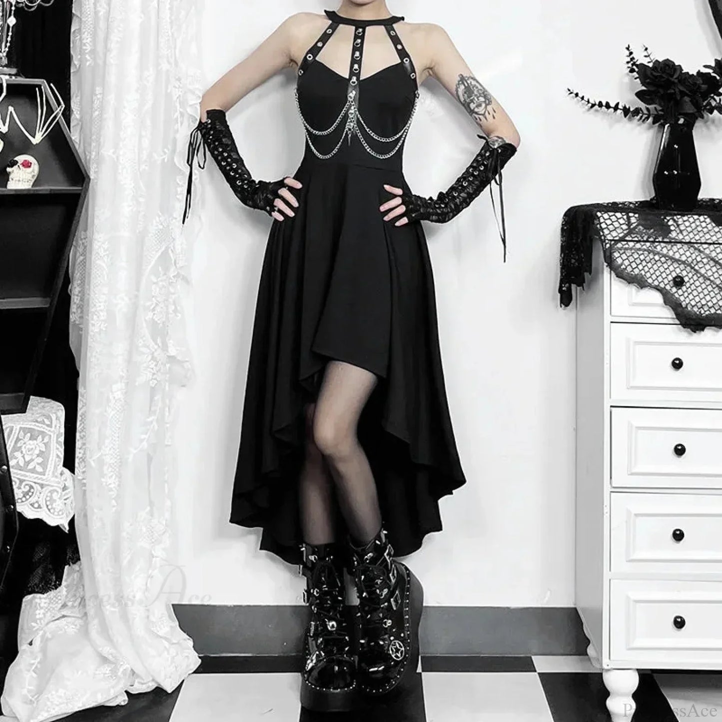 Chains Ornament Halter Swing Midi Dress