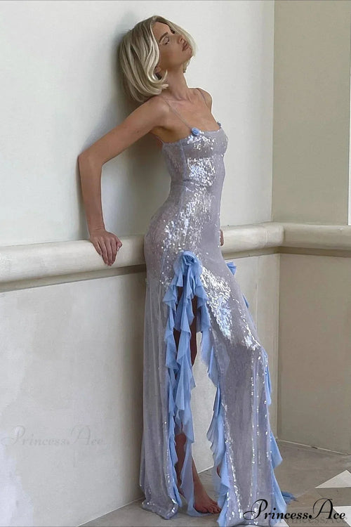 Chic Sheer Sequin Ruffled Slip Maxi Dress