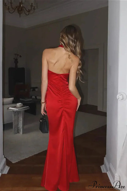 Classy Satin Sleeveless Halter Slim Mermaid Maxi Dress