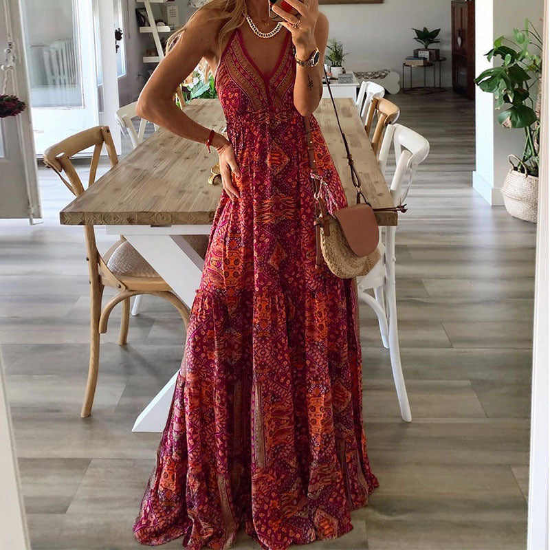Bohemian Women Casual Tiny Flower Print V-Neck Strap Maxi Dress