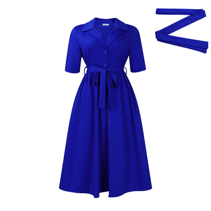 African Women Summer Fashion Casual Lapel Short-Sleeved Solid Color Tight Waist Large Swing Midi Dress