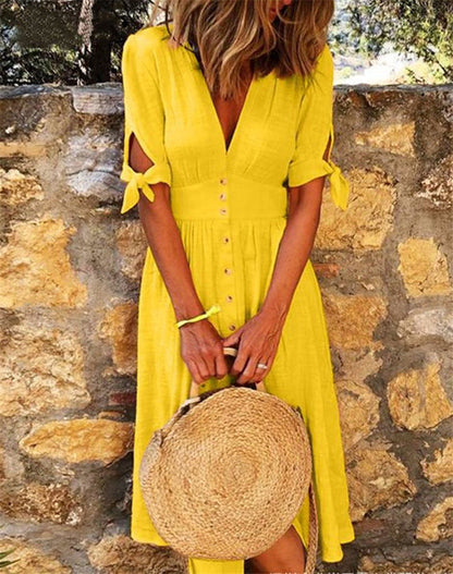 Women Casual Vacation Solid Color V-Neck Knotted Half-Sleeved Midi Dress