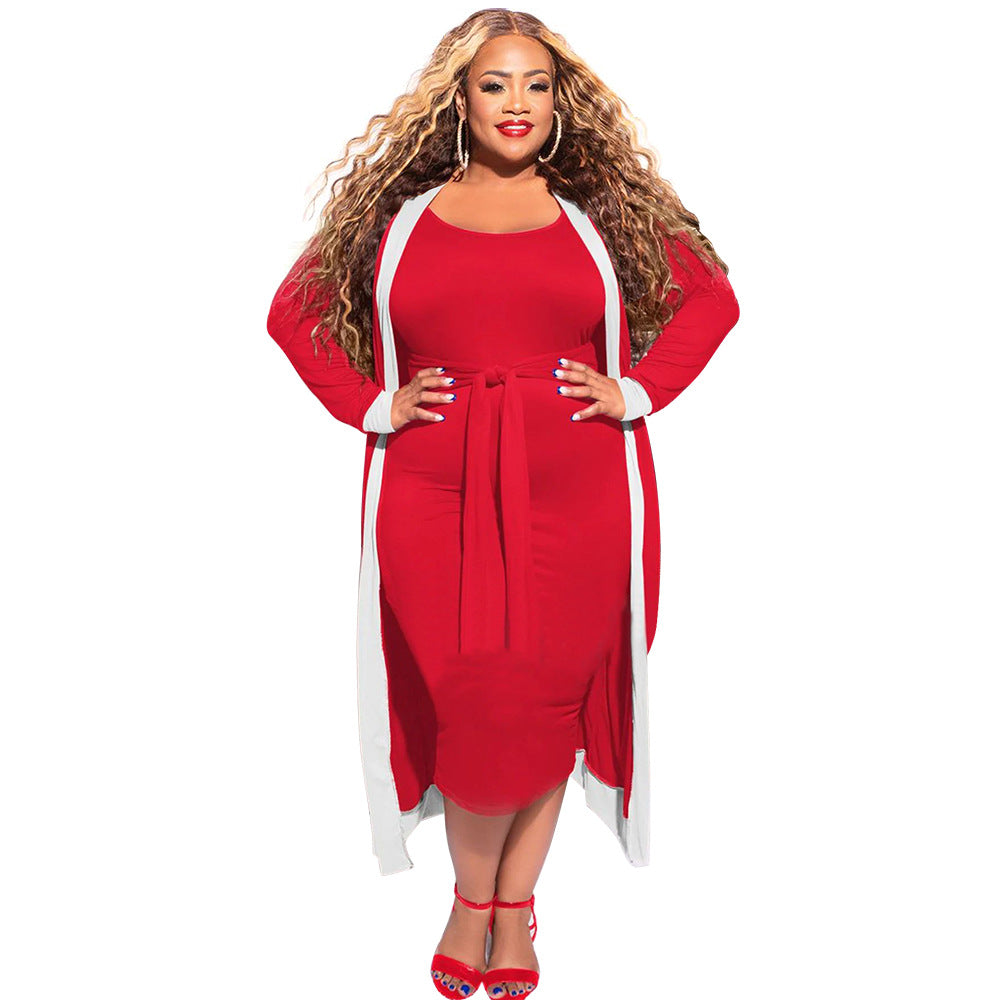 Large Size Women Casual Stripe Stitching Long-Sleeved Jacket And Lace-Up Sleeveless Midi Dress Two Pieces Set