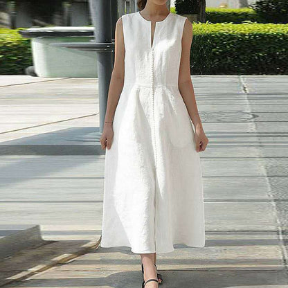 Women Fashion Casual V-Neck Cotton Linen Hem Slit Sleeveless Midi Dress