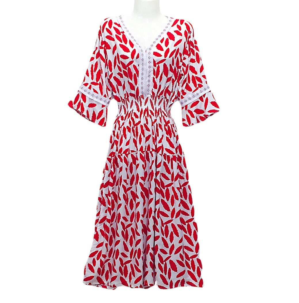 Summer Loose Casual Women Printed V-Neck Trumpet Sleeve Midi Dress