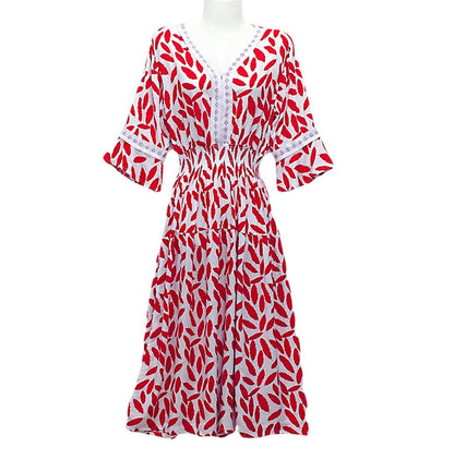 Summer Loose Casual Women Printed V-Neck Trumpet Sleeve Midi Dress