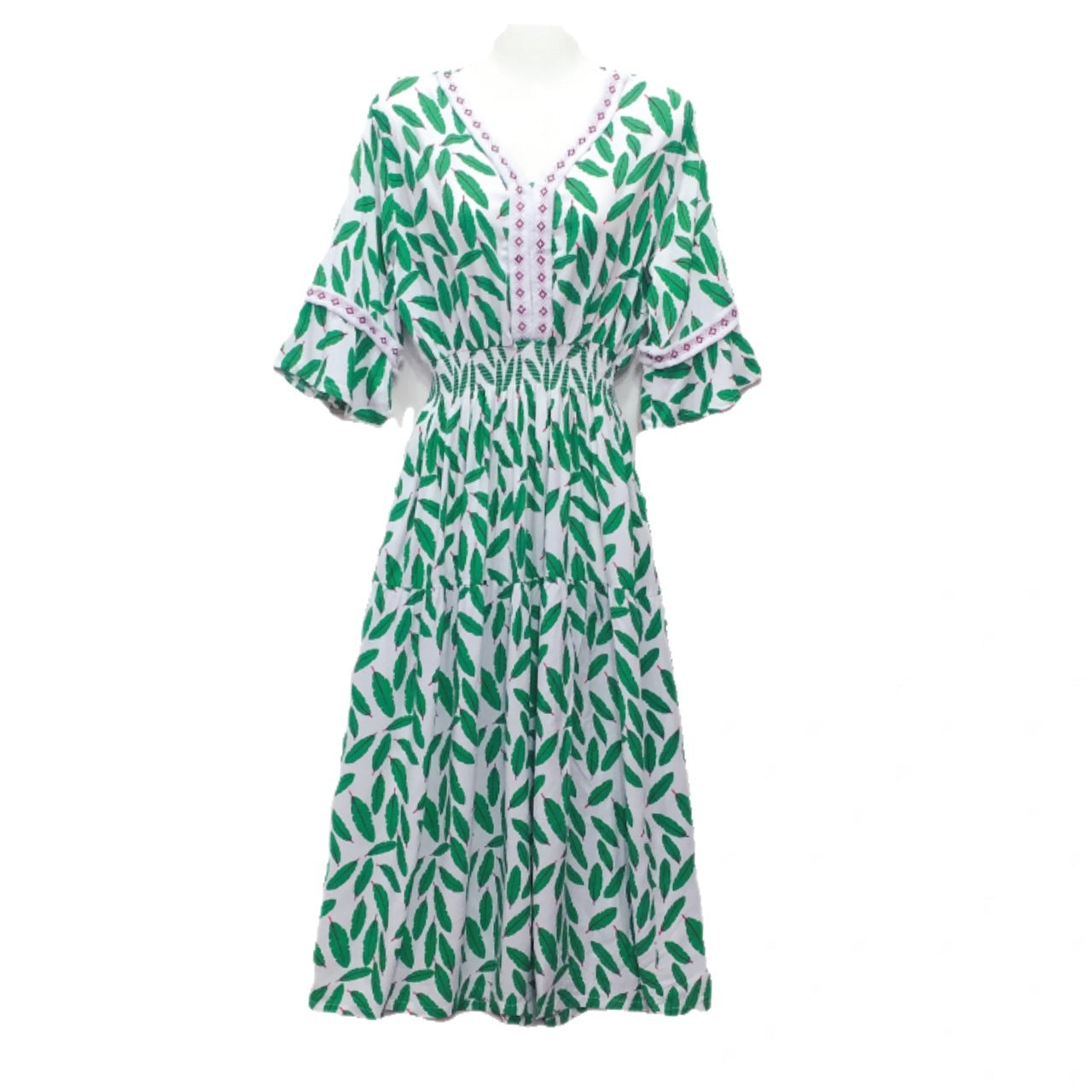 Summer Loose Casual Women Printed V-Neck Trumpet Sleeve Midi Dress