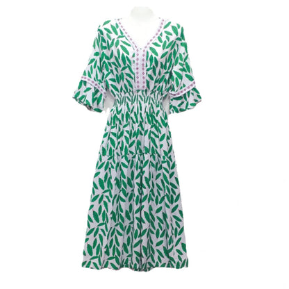 Summer Loose Casual Women Printed V-Neck Trumpet Sleeve Midi Dress