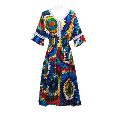 Summer Loose Casual Women Printed V-Neck Trumpet Sleeve Midi Dress