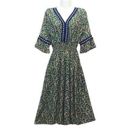 Summer Loose Casual Women Printed V-Neck Trumpet Sleeve Midi Dress