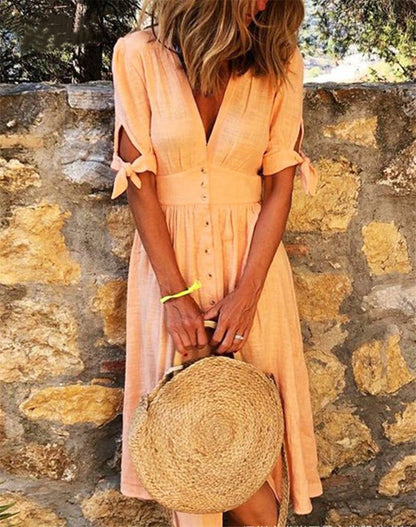 Women Casual Boho Short-Sleeved Defined Waist Multi-Button Midi Dress