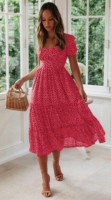 Women Fashion Vacation Casual Square Neck Short Sleeve Defined Waist Floral Midi Dress