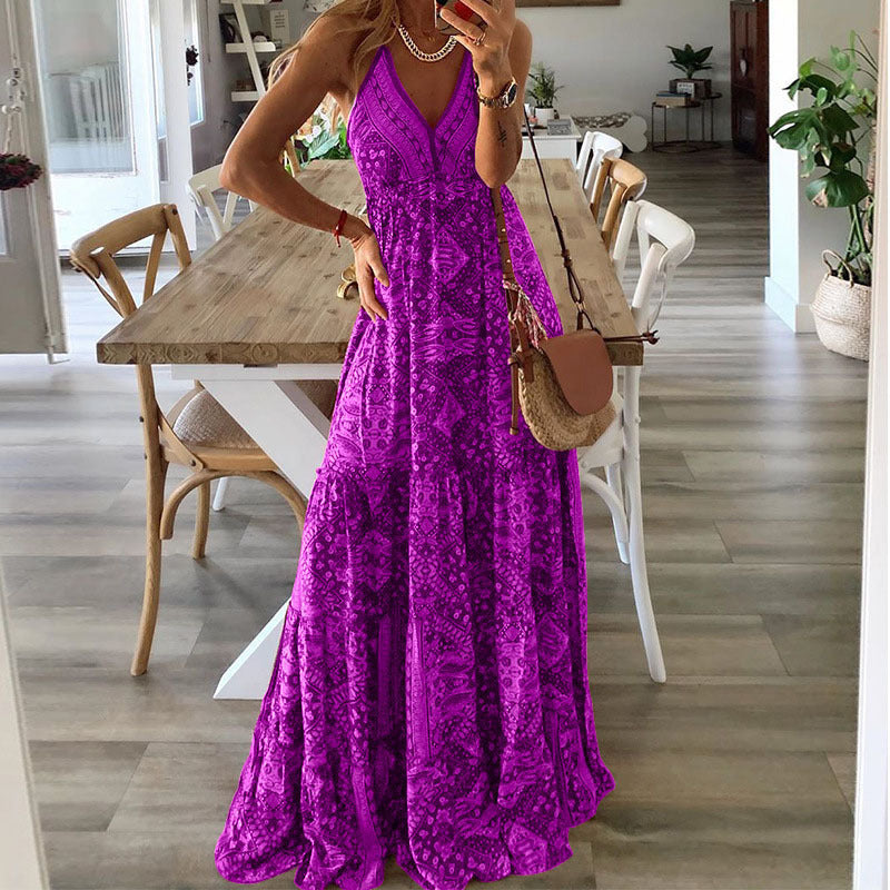 Bohemian Women Casual Tiny Flower Print V-Neck Strap Maxi Dress