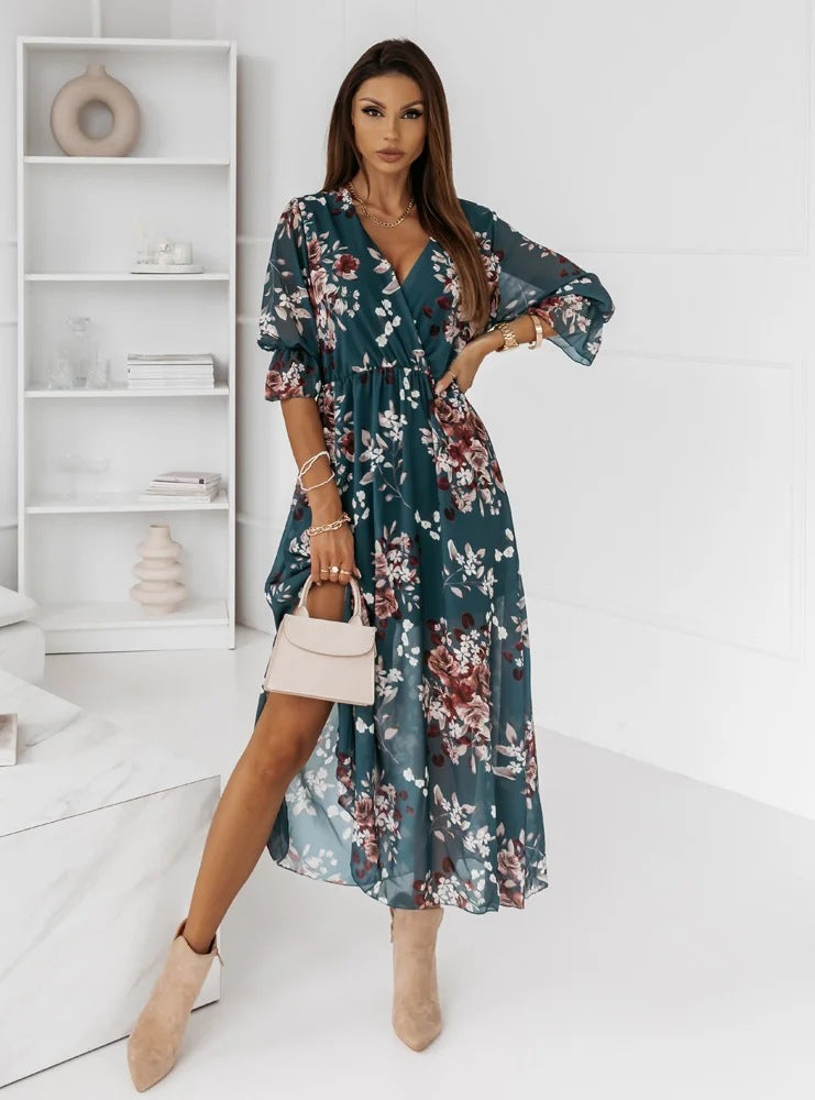 Women Fashion Elegant Casual V-Neck Slim Side Slit Chiffon Floral Print Midi Dress