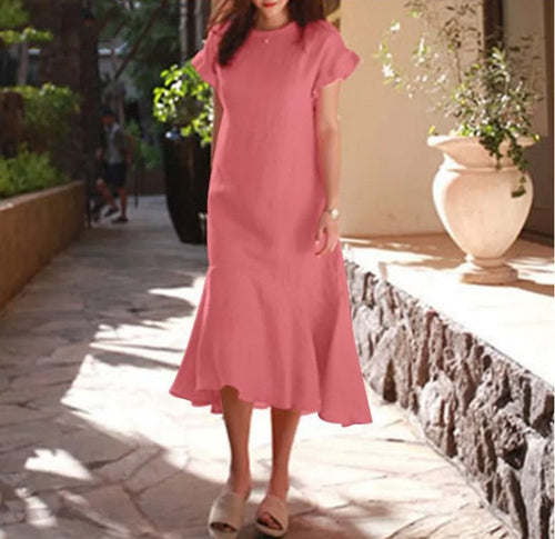 Women Casual Summer Short Sleeve Round Neck Solid Color Ruffled Fishtail Midi Dress