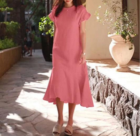 Women Casual Summer Short Sleeve Round Neck Solid Color Ruffled Fishtail Midi Dress