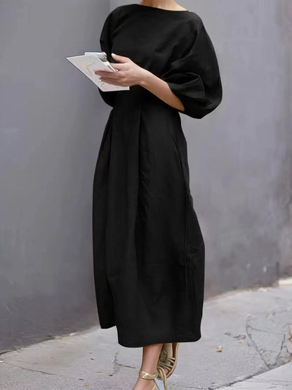 Women Casual Solid Color Loose Puff Sleeve Maxi Dress