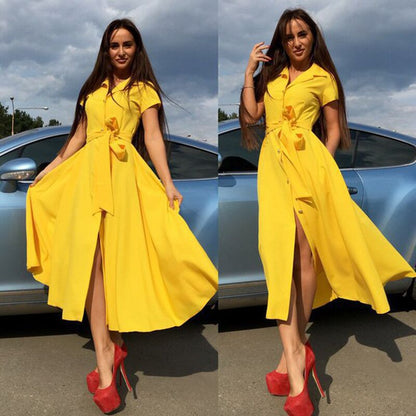 Women Casual Elegant Solid Color Short Sleeve Lapel Buttoned Midi Dress