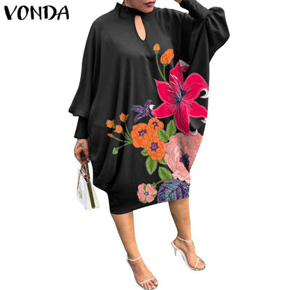 Women Casual Elegant Vintage Long Sleeve Floral Printed Midi Dress