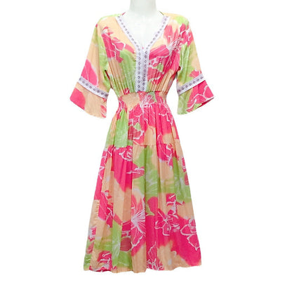 Summer Loose Casual Women Printed V-Neck Trumpet Sleeve Midi Dress