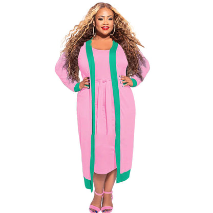 Large Size Women Casual Stripe Stitching Long-Sleeved Jacket And Lace-Up Sleeveless Midi Dress Two Pieces Set