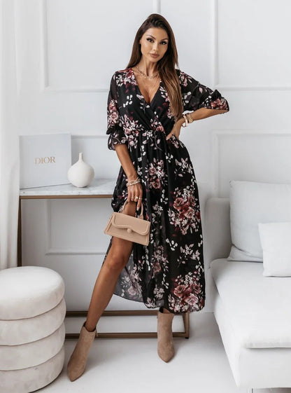 Women Fashion Elegant Casual V-Neck Slim Side Slit Chiffon Floral Print Midi Dress