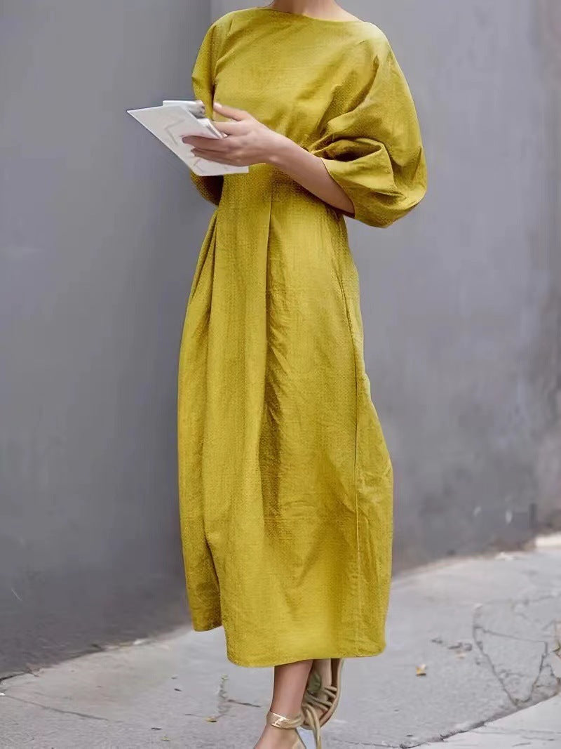 Women Casual Solid Color Loose Puff Sleeve Maxi Dress