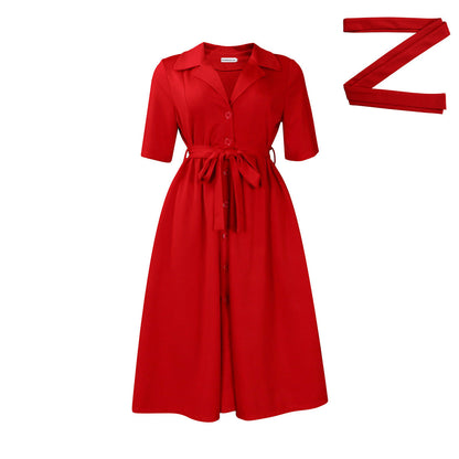 African Women Summer Fashion Casual Lapel Short-Sleeved Solid Color Tight Waist Large Swing Midi Dress