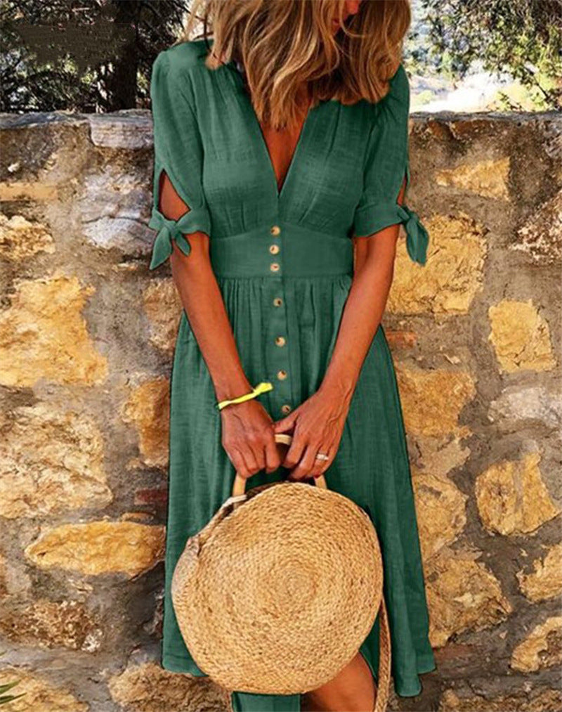Women Casual Boho Short-Sleeved Defined Waist Multi-Button Midi Dress