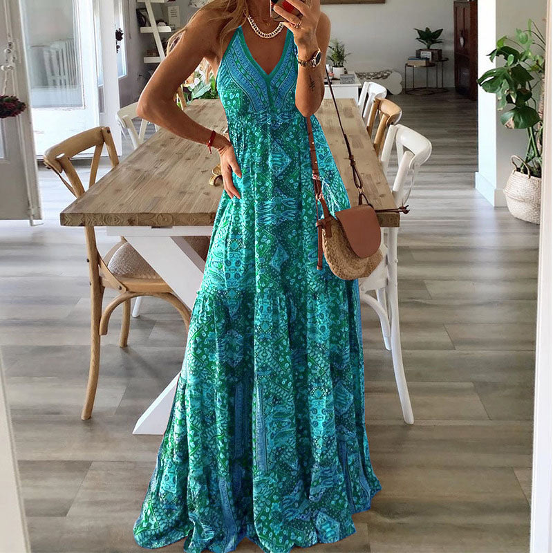 Bohemian Women Casual Tiny Flower Print V-Neck Strap Maxi Dress