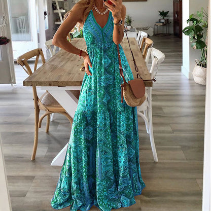 Bohemian Women Casual Tiny Flower Print V-Neck Strap Maxi Dress