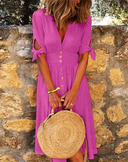 Women Casual Boho Short-Sleeved Defined Waist Multi-Button Midi Dress