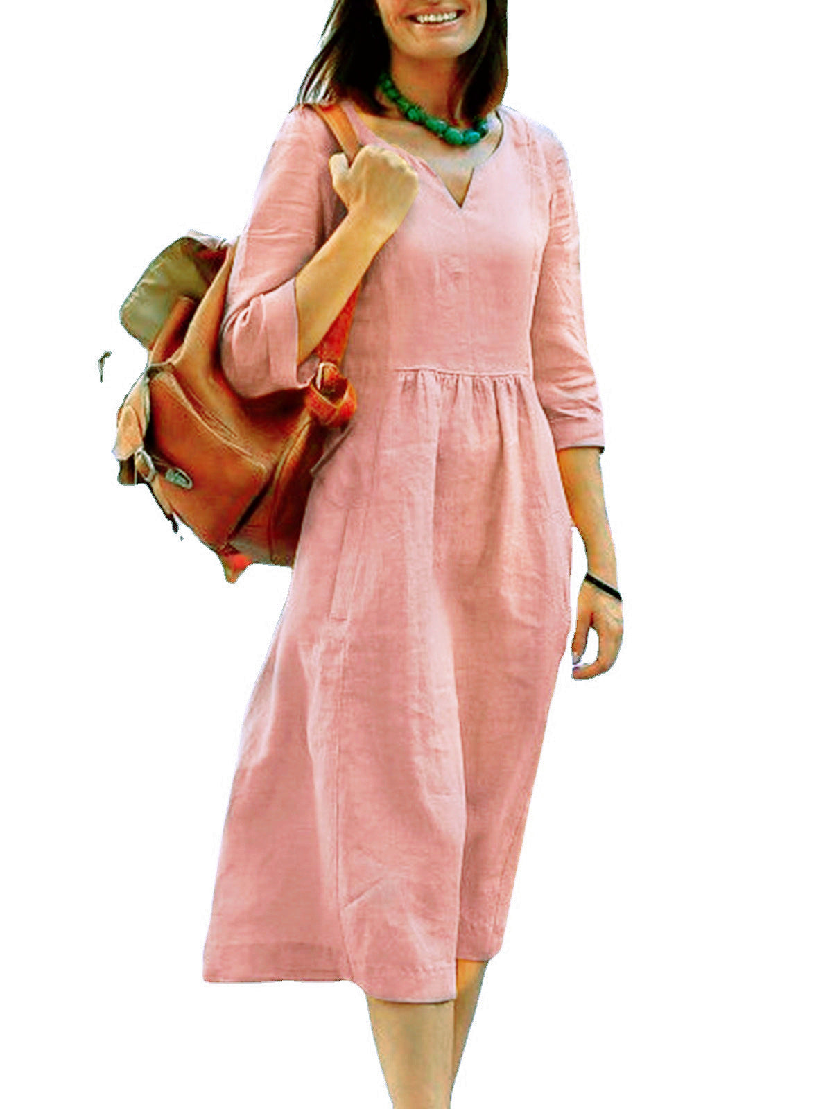 Plus Size Women Summer Cotton Linen V-Neck Casual Midi Dress