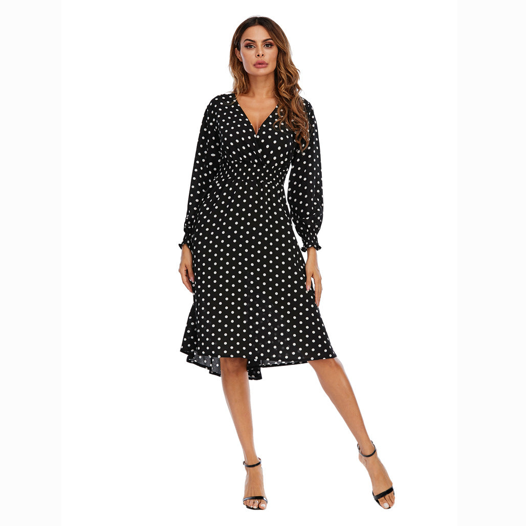 Women Casual Spring Chiffon Floral Print V-Neck Long-Sleeved Surplice Midi Dress