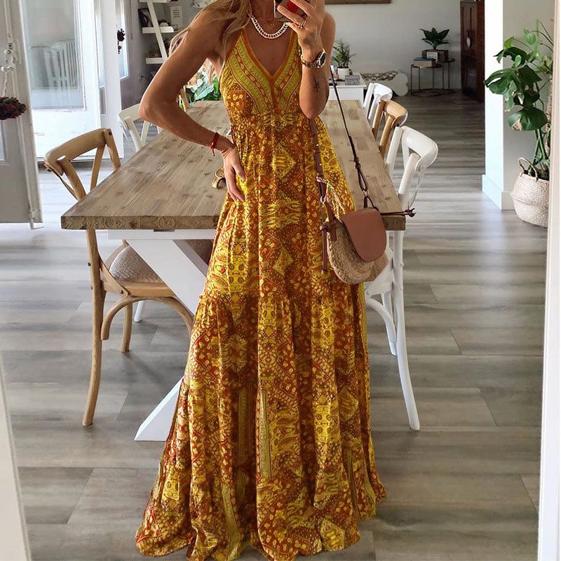 Bohemian Women Casual Tiny Flower Print V-Neck Strap Maxi Dress