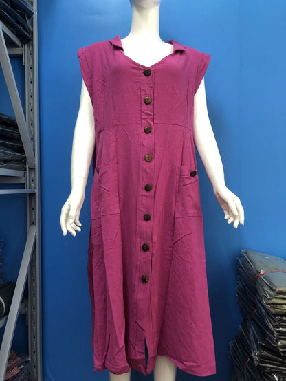 Casual Women V Collar Single-Breasted Button Pocket Sleeveless Midi Dress