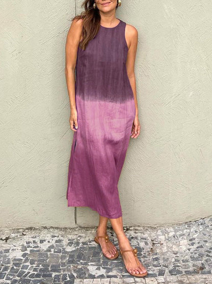 Women Summer Casual Cotton Linen Sleeveless Side Slit Gradient Color Midi Dress