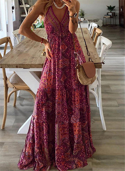 Bohemian Women Casual Tiny Flower Print V-Neck Strap Maxi Dress