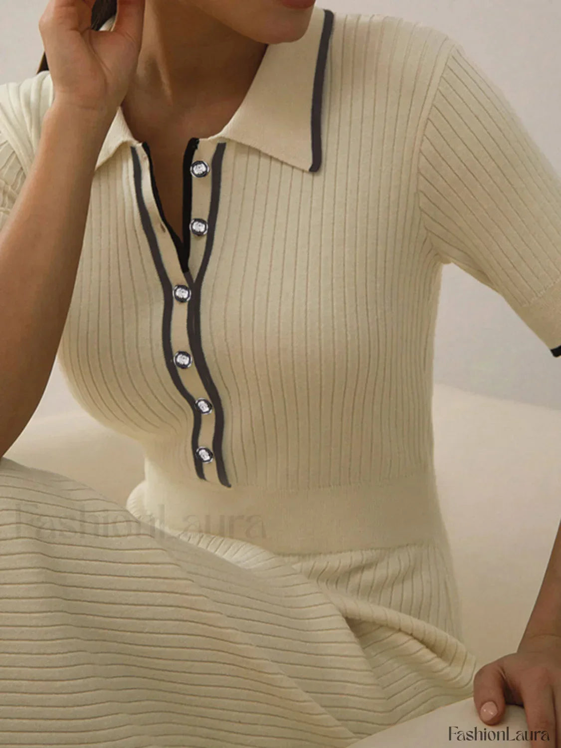 Contrast Trim Collared Rib Modern Knit Short Sleeve Midi Dress