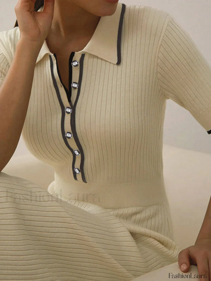 Contrast Trim Collared Rib Modern Knit Short Sleeve Midi Dress