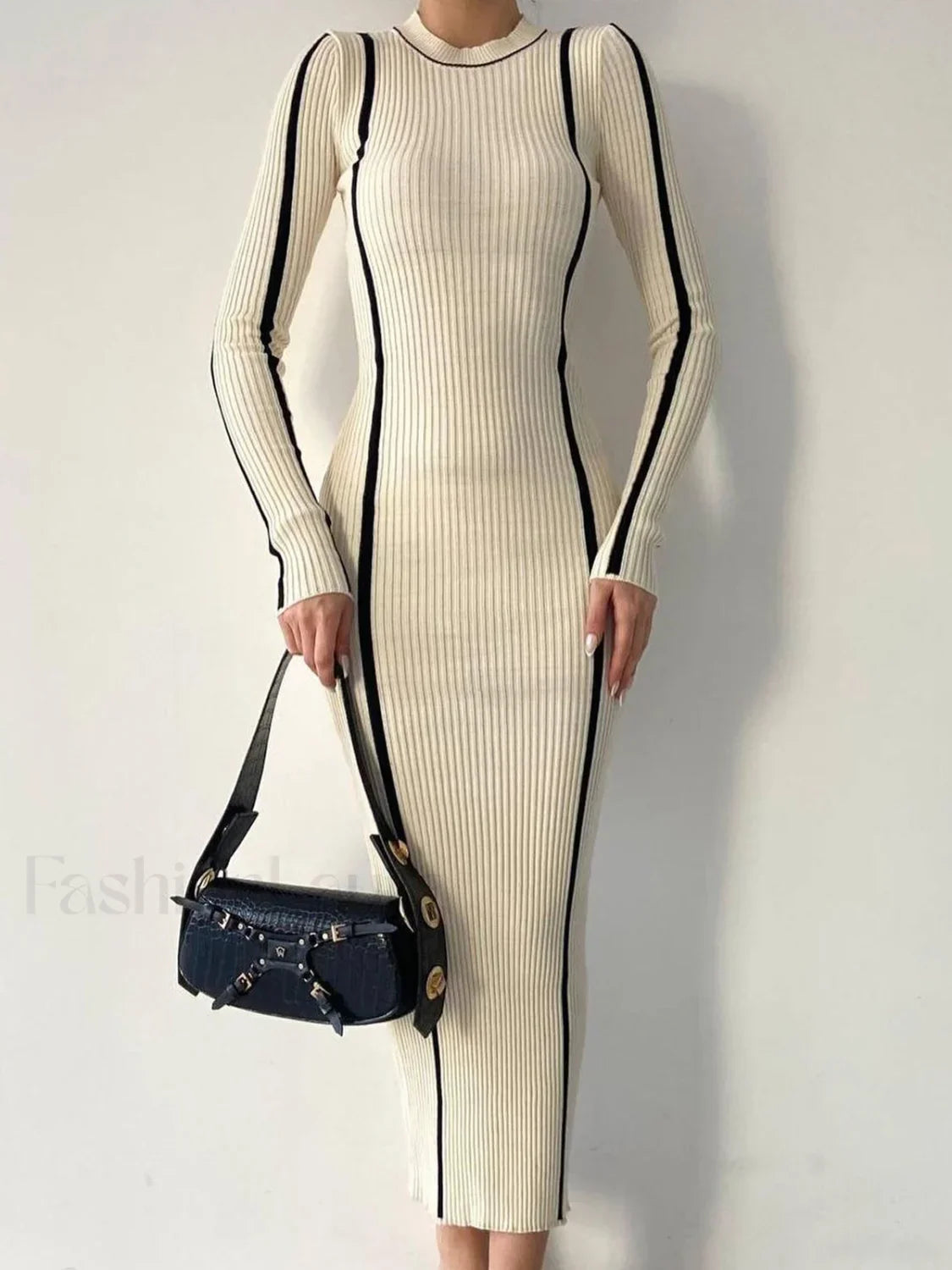 Crew Neck Contrast Trim Modern Long Sleeve Knit Midi Dress