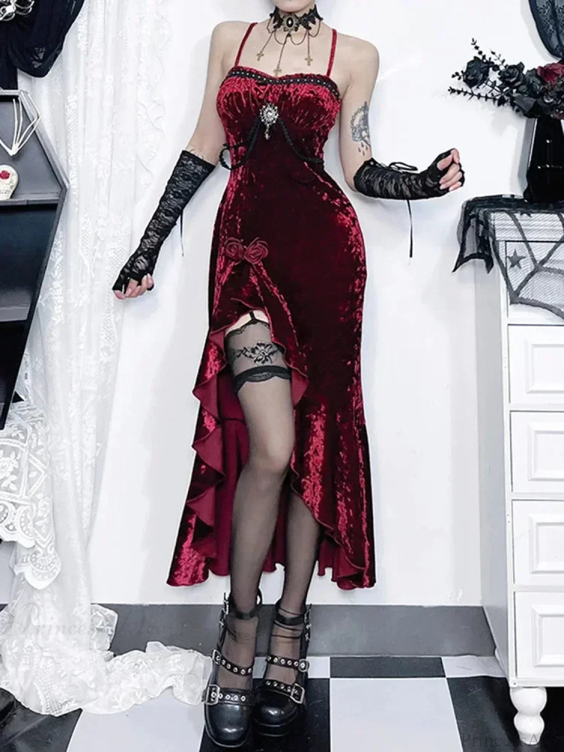 Crimson Velvet Separated Spaghetti Strap Midi Dress