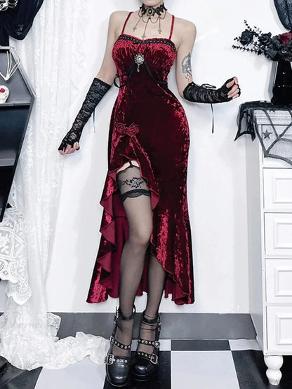 Crimson Velvet Separated Spaghetti Strap Midi Dress